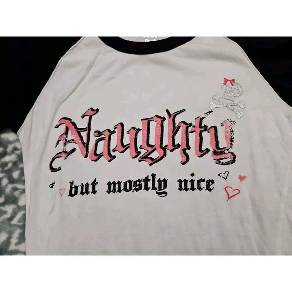 Goth Naughty But Mostly Nice W Silver Skull 3/4 Sleeve Color Block Shirt M - Picture 4 of 7